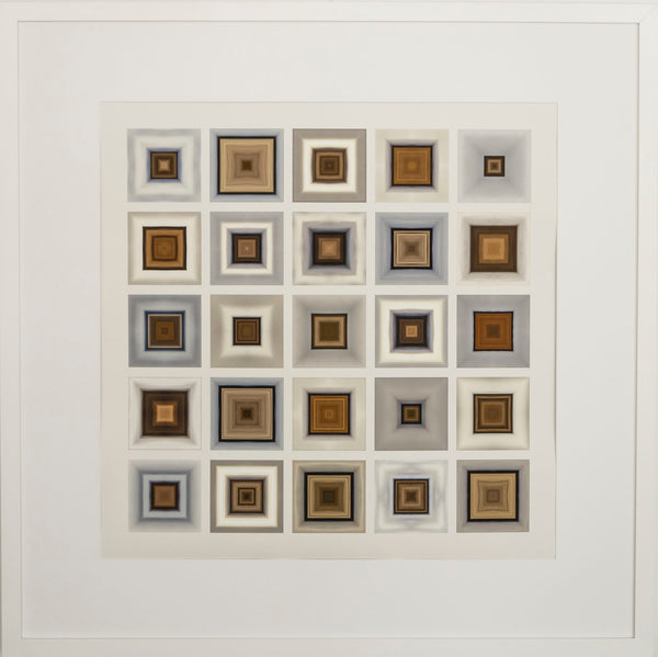 Image showing the framing of limited edition print titled 'Inbound Snow' featuring a geometric array of squares with varying shades of brown and white, designed to represent the effect of an incoming snowstorm.