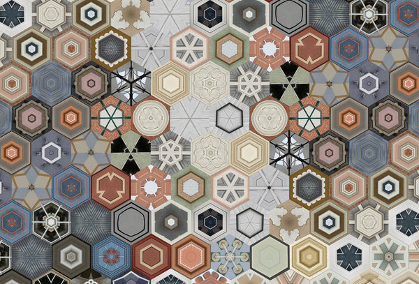 A section of a limited edition photographic print featuring a geometric pattern with hexagonal shapes, representing a unique view of a town's architecture.