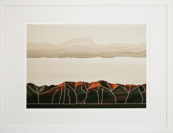 Framed landscape print inspired by the Kakanui Mountains , Central Otago and reflecting the influence of New Zealand printmaker, Marilyn Webb, using simplified lines and muted colours