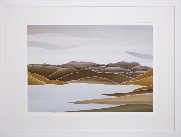 Framed landscape print inspired by the Loganburn Dam (Moss Swamp), Central Otago and reflecting the influence of New Zealand printmaker, Marilyn Webb, using simplified lines and muted colours