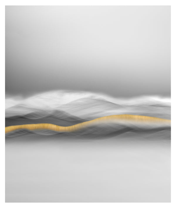 A limited edition print titled "vein of gold" print featuring abstract-style wave patterns with a central golden stripe, representing the history of gold in Central Otago set against a grey background.