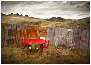Table and Chairs and Manorburn Dam, Central Otago, New Zealand