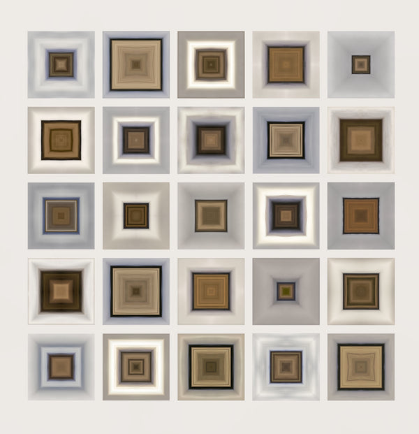 A limited edition framed print titled 'Inbound Snow' featuring a geometric array of squares with varying shades of brown and white, designed to represent the effect of an incoming snowstorm.