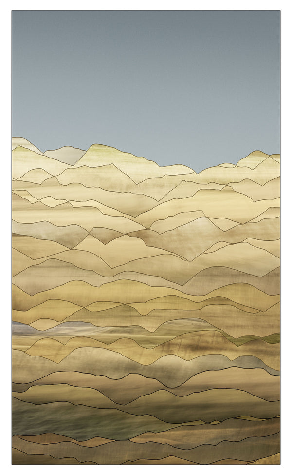 Framed photographic print featuring an abstract blend of landscapes with ridgelines in shades of beige and blue.