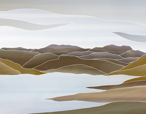 Framed photographic print featuring an abstract blend of landscapes with ridgelines in shades of beige and blue.