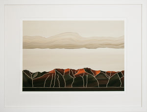 Framed landscape print inspired by the Kakanui Mountains , Central Otago and  reflecting the influence of New Zealand printmaker, Marilyn Webb, using simplified lines and muted colours 