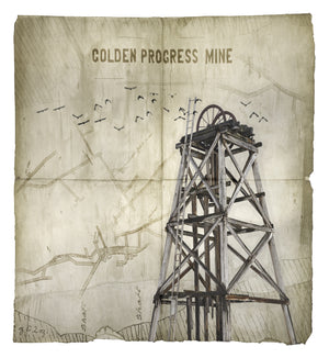 Vintage-style illustration of a mine shaft with 'Golden Progress Mine' text on a map background.