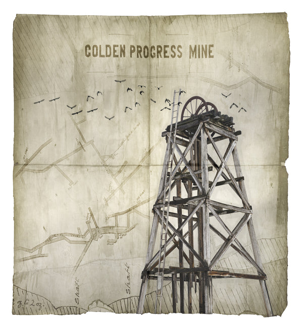 Vintage-style illustration of a mine shaft with 'Golden Progress Mine' text on a map background.