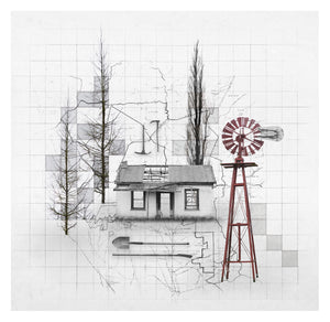 Artistic depiction of a house and windmill on a grid background