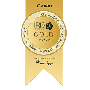 Gold award ribbon with Canon and IRIS Professional Photography Award text on a white background