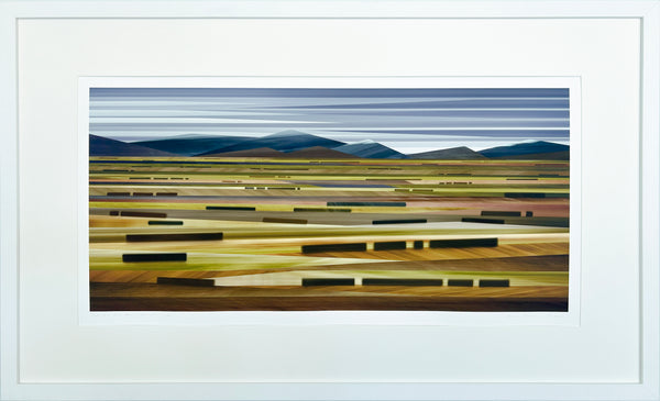 Framed artwork of a landscape with horizontal stripes on a white background
