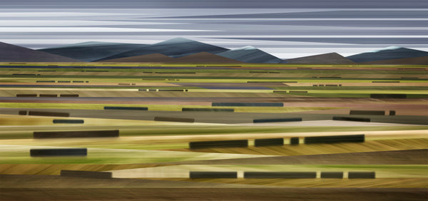 Abstract landscape with horizontal stripes in brown, green, and gray.