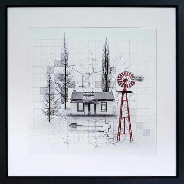 Artistic depiction of a house and windmill on a grid background