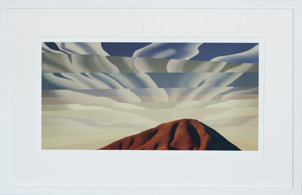 Abstract landscape with wavy patterns and a mountain-like formation.