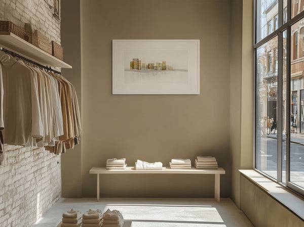 Modern interior with clothing rack, bench, and framed artwork on a wall.